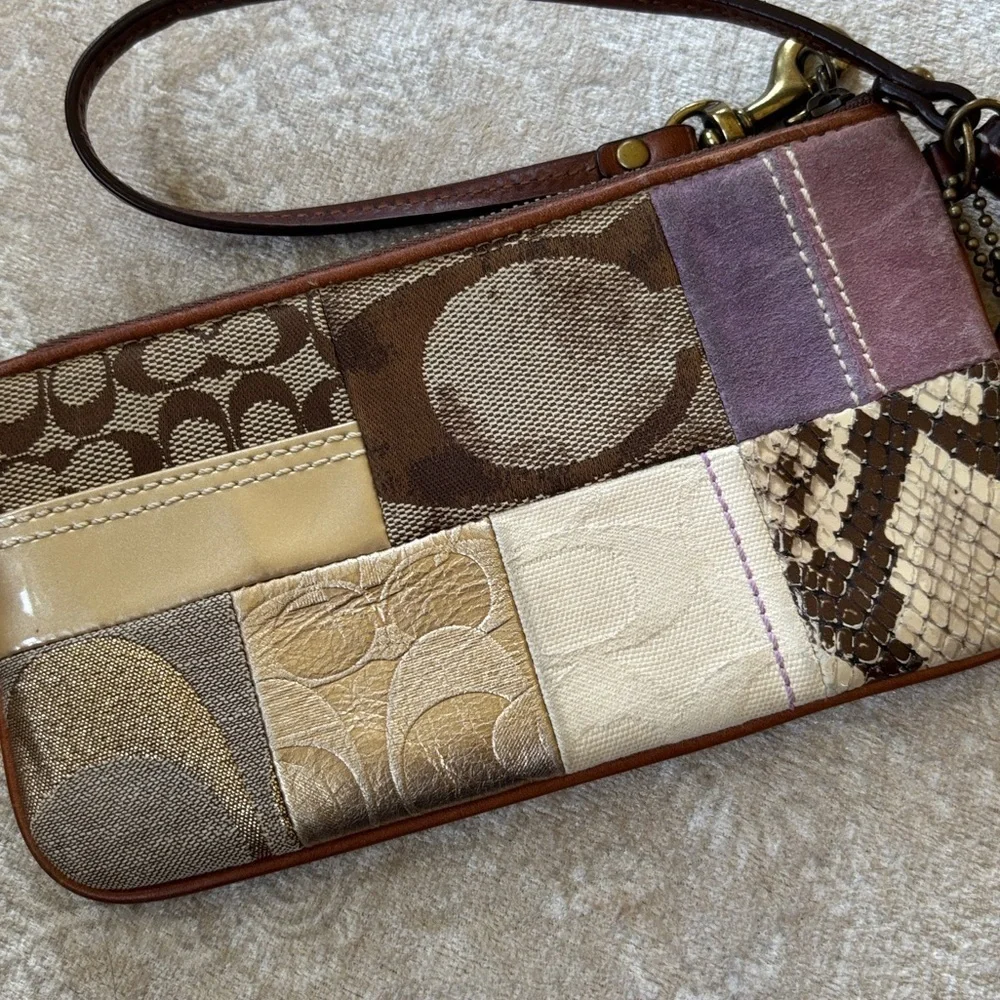 Coach Patchwork Zippered Wristlet Signature C Leather Suede Metallic Snakeskin